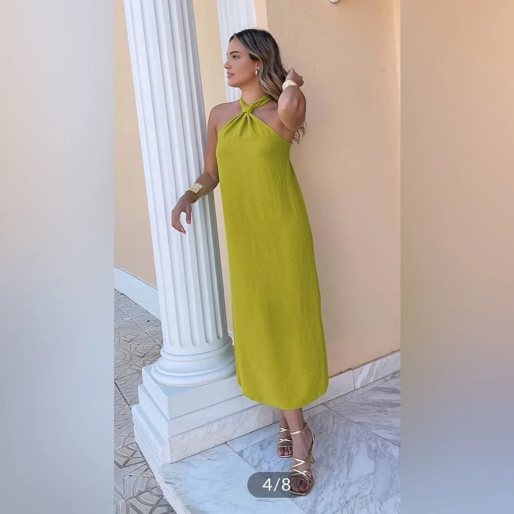 Commense Olive Green Twist-Neck Midi Dress - Picture 3 of 14